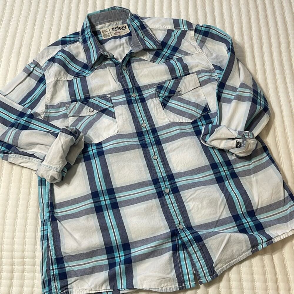 Men's Urban Pipeline Blue Plaid Long Sleeve Pear Snap Western Shirt Size L - Picture 1 of 3